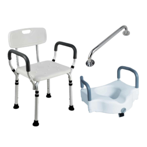 Silla de Ducha Con Apoya Brazos + Alza Baño WC Con Agarres + Barra de Seguridad Cromada 61 cm